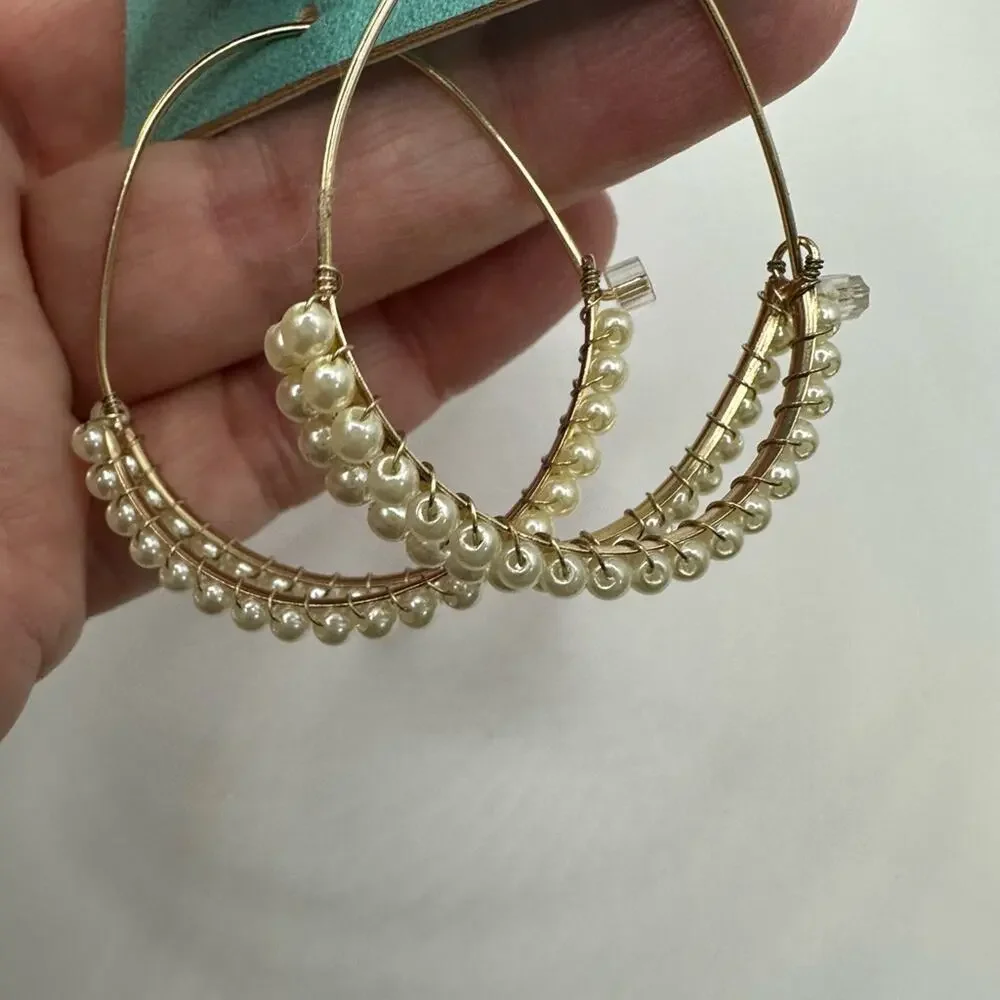 Everri Statement Pearl Gold tone Drop Hoop Earrings NWT